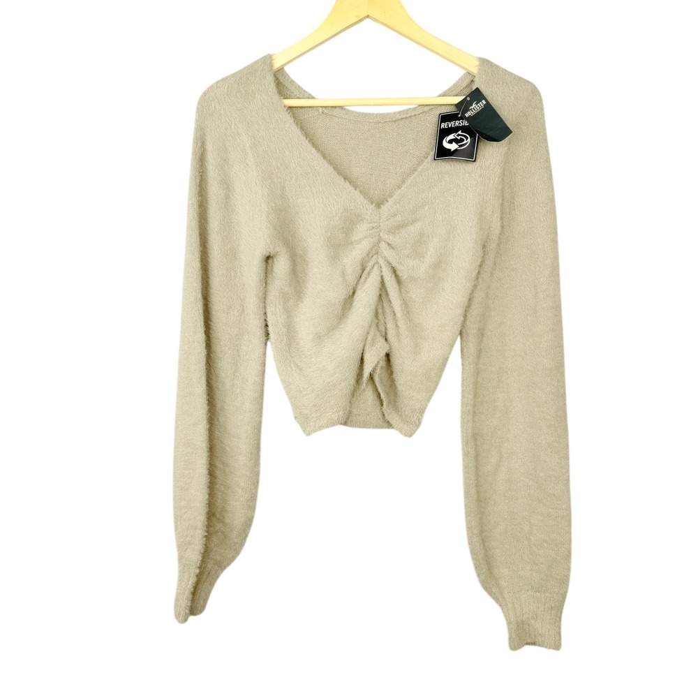 Hollister Reversible Fuzzy Sweater Womens Medium Tan Ruched V-Neck‎ Long Sleeve